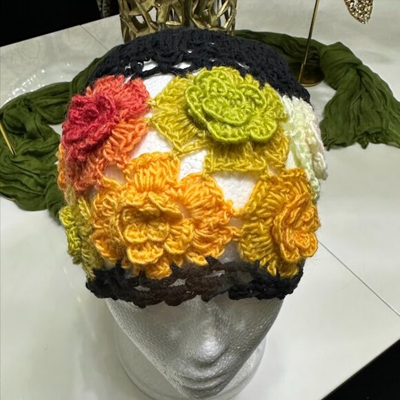 Handmade Crochet Flower Beanie – Colorful Boho Knit Hat, Retro 70s Style - Picture 8 of 8